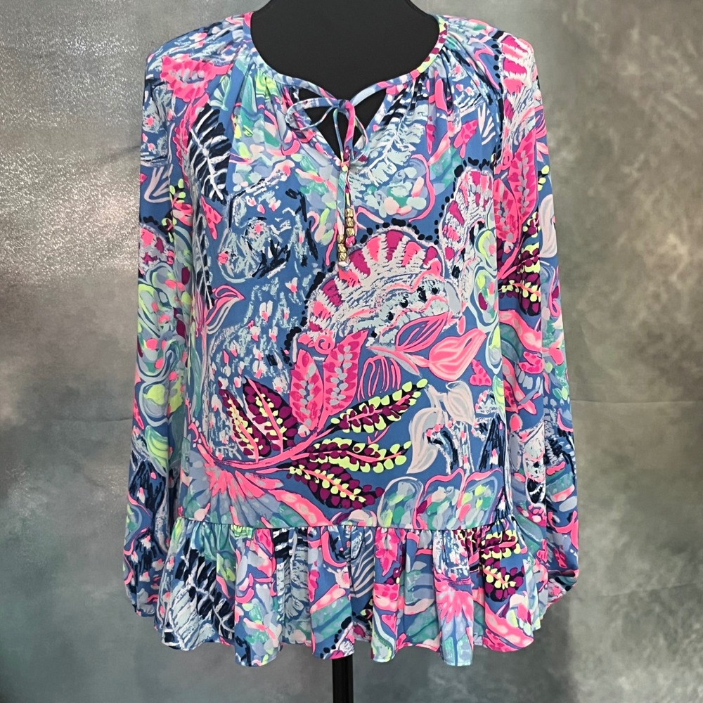 Lilly Pulitzer Tensely Blue Pink Abstract Print Long Sleeve Ruffle Hem Top Small